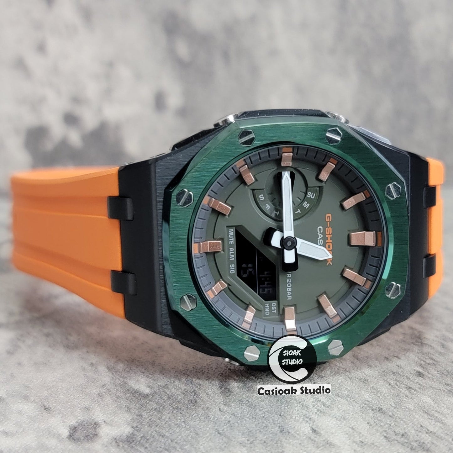 Casioak Mod Watch Offshore Superior Green Black Case Orange Rubber Rubber Strap Black Rose Gold Time Mark OIive Dial 44mm- Casioak Mod Casio G-Shock Royal Oak Custom Mens Luxury Watches Ga2100