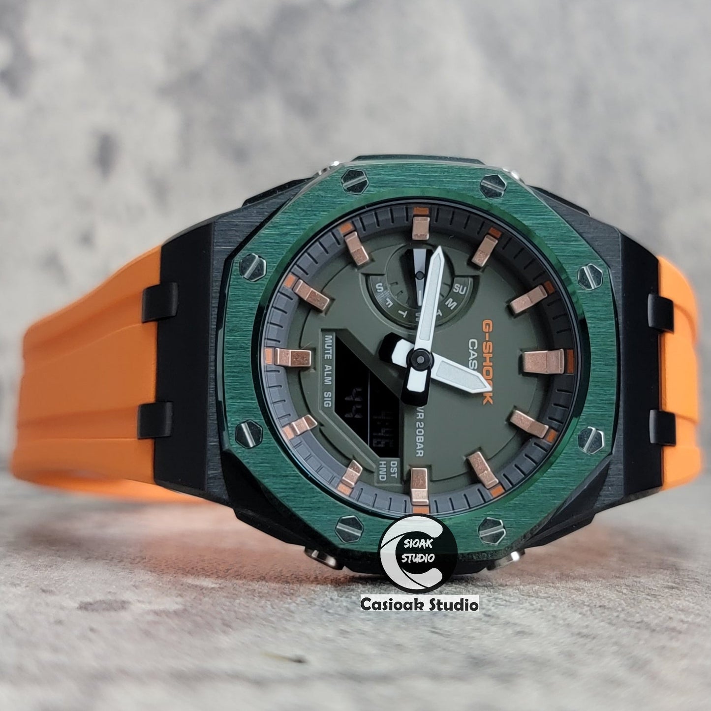 Casioak Mod Watch Offshore Superior Green Black Case Orange Rubber Rubber Strap Black Rose Gold Time Mark OIive Dial 44mm- Casioak Mod Casio G-Shock Royal Oak Custom Mens Luxury Watches Ga2100