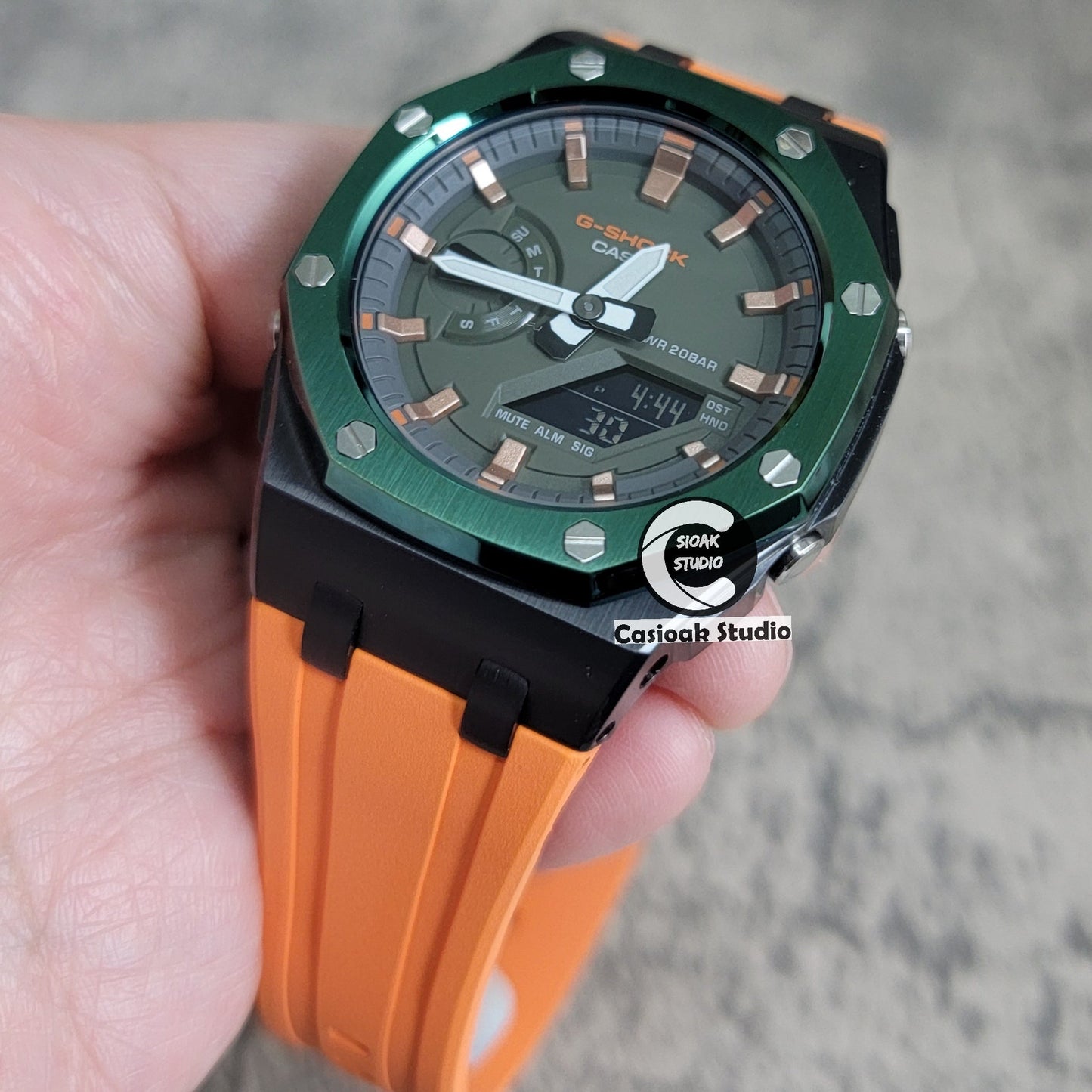 Casioak Mod Watch Offshore Superior Green Black Case Orange Rubber Rubber Strap Black Rose Gold Time Mark OIive Dial 44mm- Casioak Mod Casio G-Shock Royal Oak Custom Mens Luxury Watches Ga2100