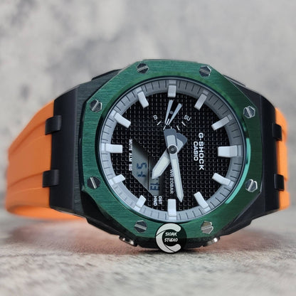 Casioak Mod Watch Offshore Superior Green Black Case Orange Rubber Rubber Strap Gray White Time Mark Black Dial 44mm- Casioak Mod Casio G-Shock Royal Oak Custom Mens Luxury Watches Ga2100