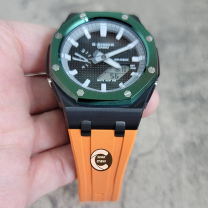 Casioak Mod Watch Offshore Superior Green Black Case Orange Rubber Rubber Strap Gray White Time Mark Black Dial 44mm- Casioak Mod Casio G-Shock Royal Oak Custom Mens Luxury Watches Ga2100