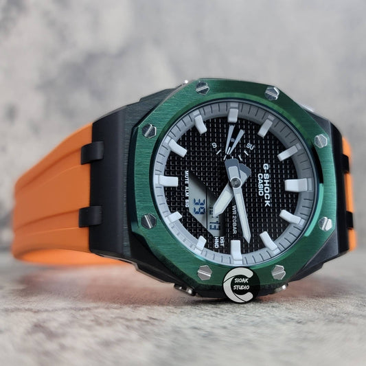 Casioak Mod Watch Offshore Superior Green Black Case Orange Rubber Rubber Strap Gray White Time Mark Black Dial 44mm- Casioak Mod Casio G-Shock Royal Oak Custom Mens Luxury Watches Ga2100