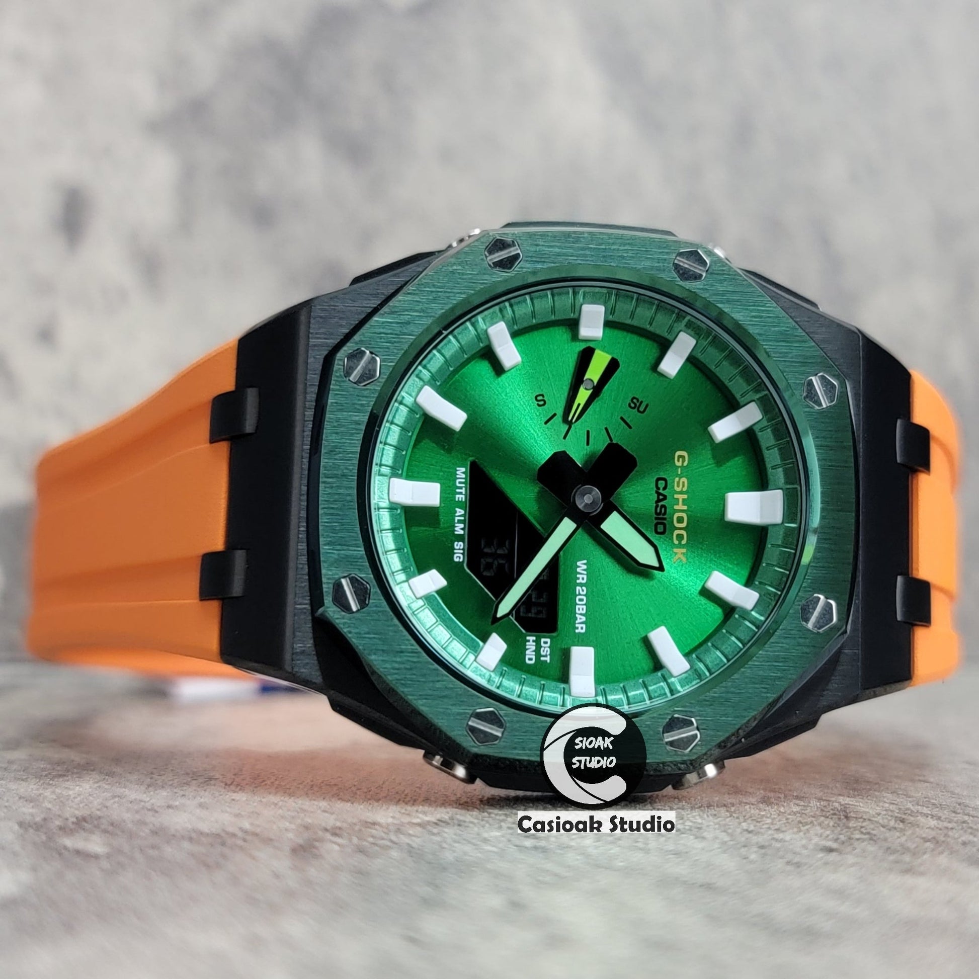 Casioak Mod Watch Offshore Superior Green Black Case Orange Rubber Strap Green White Time Mark Green Dial 44mm- Casioak Mod Casio G-Shock Royal Oak Custom Mens Luxury Watches Ga2100