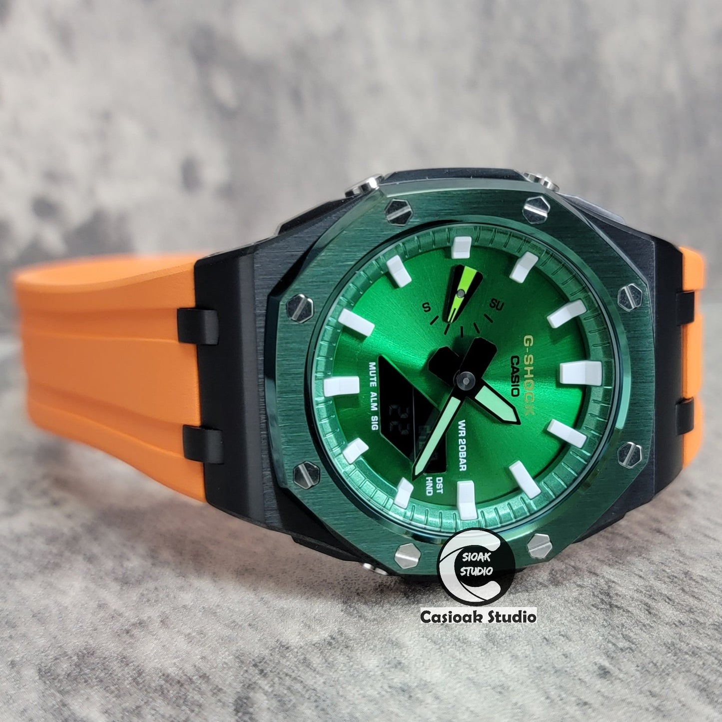 Casioak Mod Watch Offshore Superior Green Black Case Orange Rubber Strap Green White Time Mark Green Dial 44mm- Casioak Mod Casio G-Shock Royal Oak Custom Mens Luxury Watches Ga2100