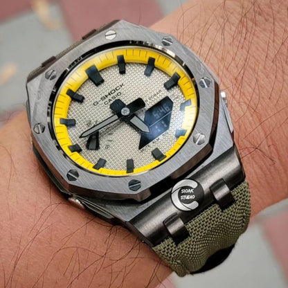 Casioak Mod Watch Offshore Superior Grey Case Olive Canvas Strap Yellow Black Time Mark Grey Dial 44mm Men- Casioak Mod Casio G-Shock Royal Oak Custom Mens Luxury Watches Ga2100