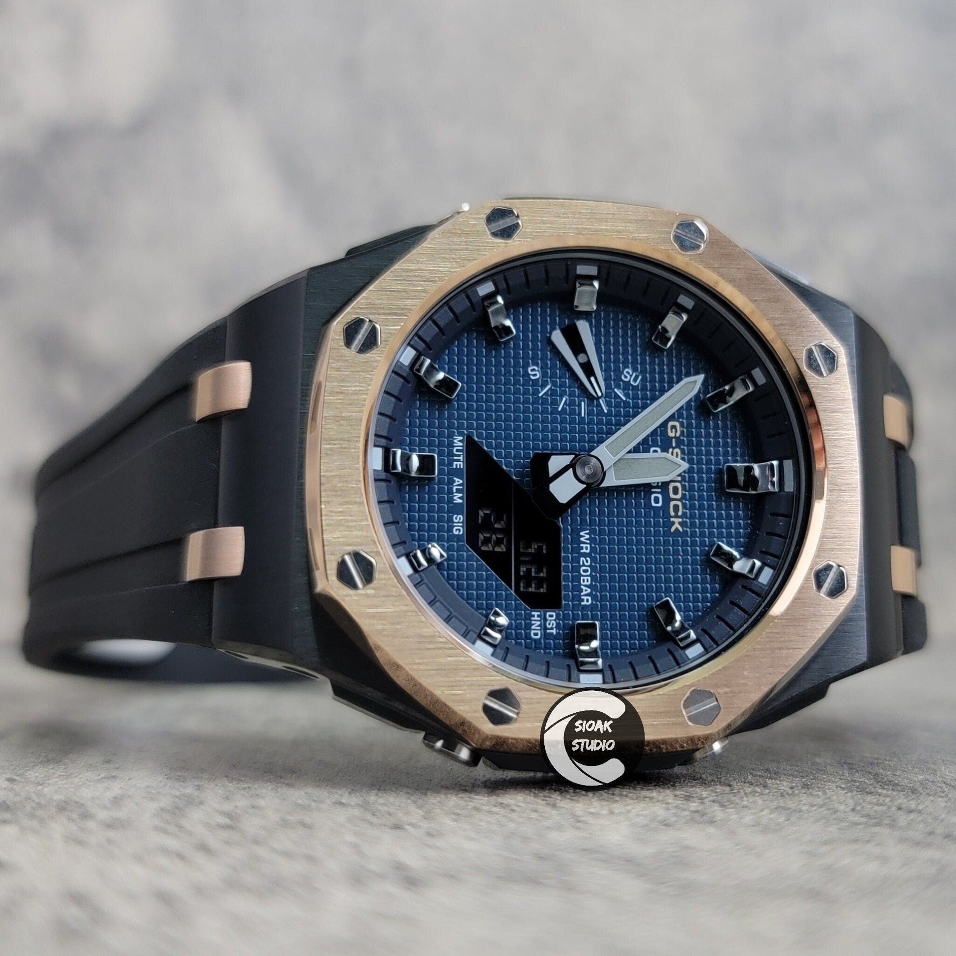 Casioak Mod Watch Offshore Superior Rose Gold Black Case Black Rubber Rubber Strap Blue Gray Time Mark Blue Dial 44mm- Casioak Mod Casio G-Shock Royal Oak Custom Mens Luxury Watches Ga2100