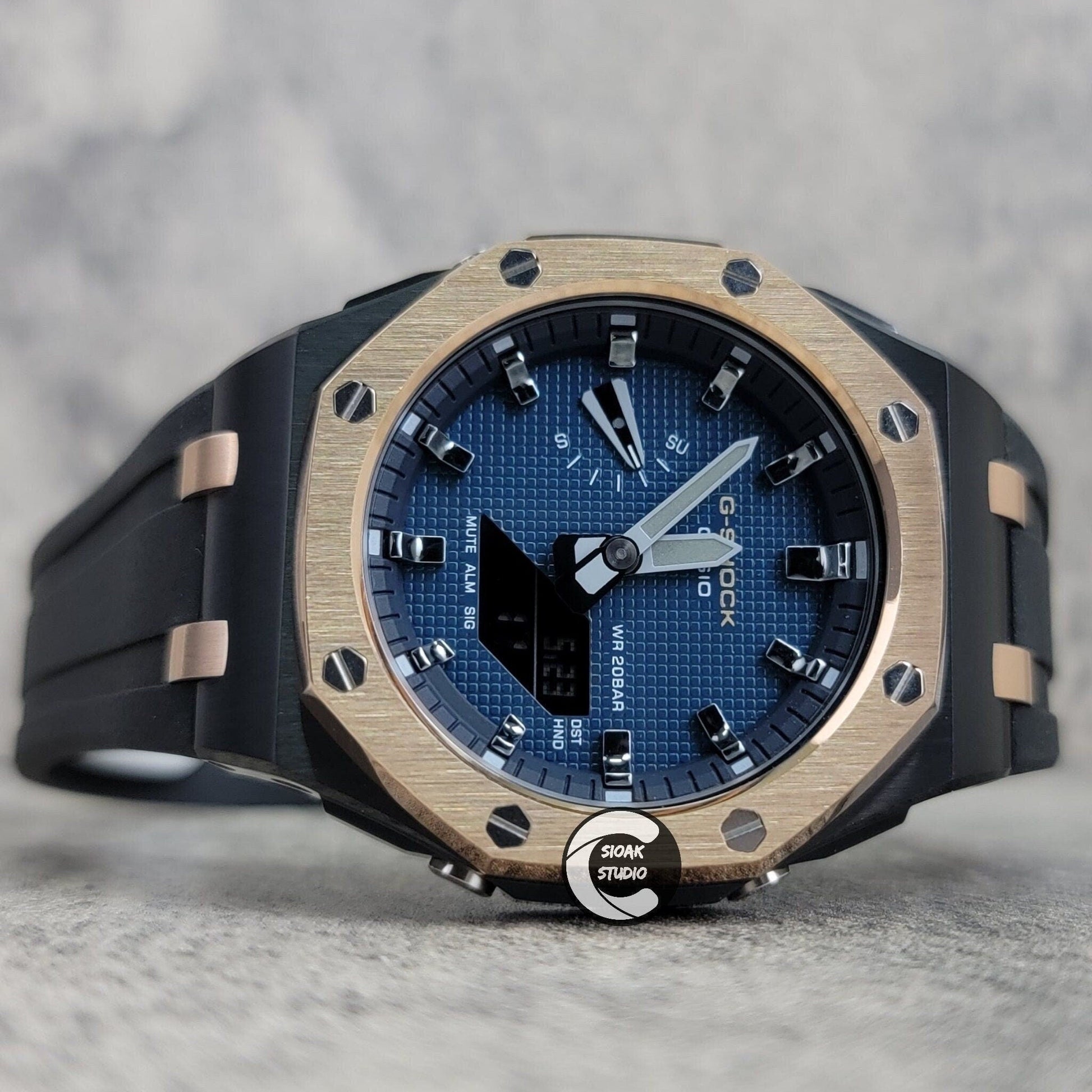 Casioak Mod Watch Offshore Superior Rose Gold Black Case Black Rubber Rubber Strap Blue Gray Time Mark Blue Dial 44mm- Casioak Mod Casio G-Shock Royal Oak Custom Mens Luxury Watches Ga2100