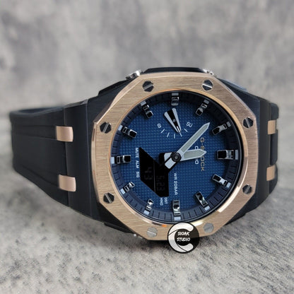 Casioak Mod Watch Offshore Superior Rose Gold Black Case Black Rubber Rubber Strap Blue Gray Time Mark Blue Dial 44mm- Casioak Mod Casio G-Shock Royal Oak Custom Mens Luxury Watches Ga2100