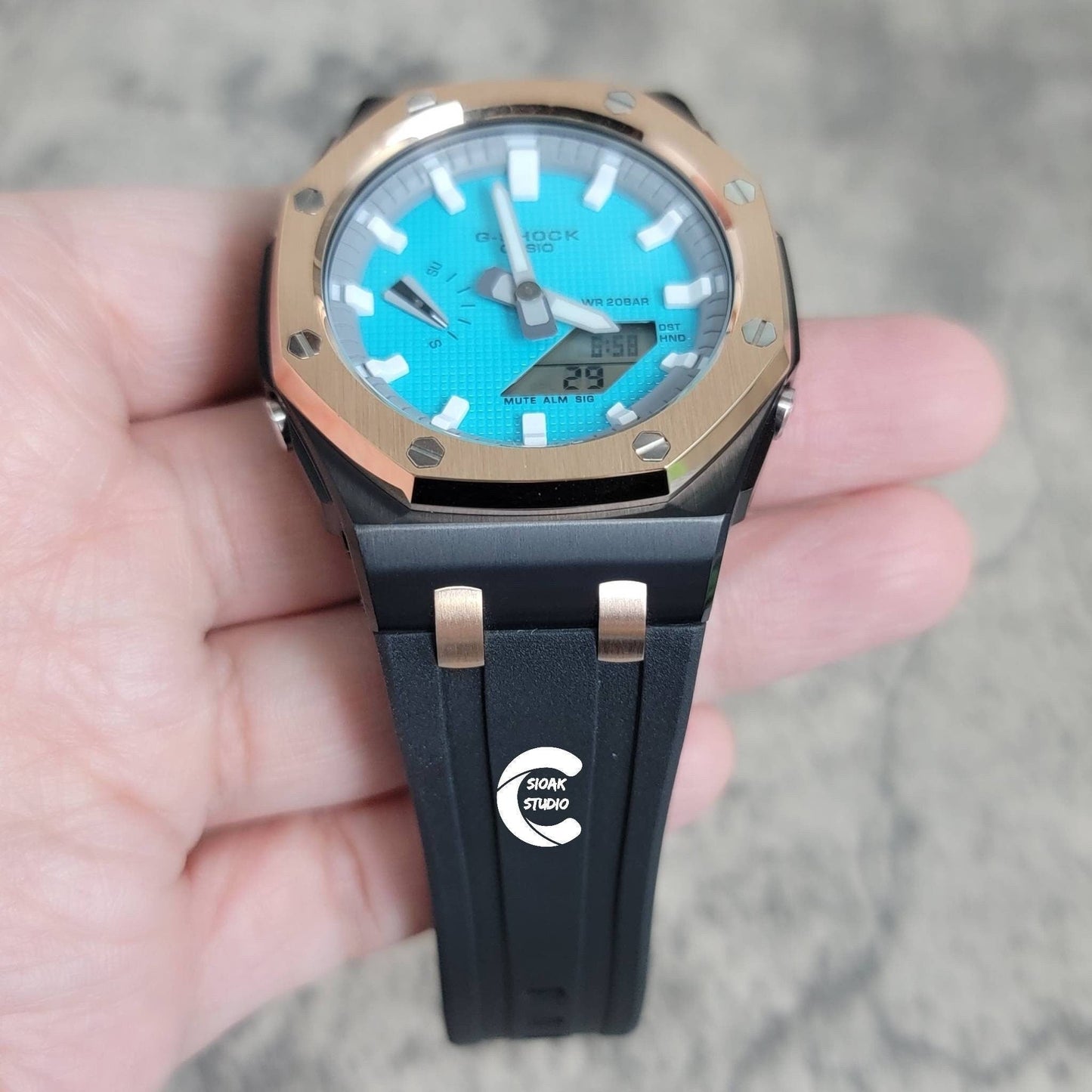 Casioak Mod Watch Offshore Superior Rose Gold Black Case Black Rubber Rubber Strap Light Gray White Time Mark Tiff Blue Dial 44mm- Casioak Mod Casio G-Shock Royal Oak Custom Mens Luxury Watches Ga2100