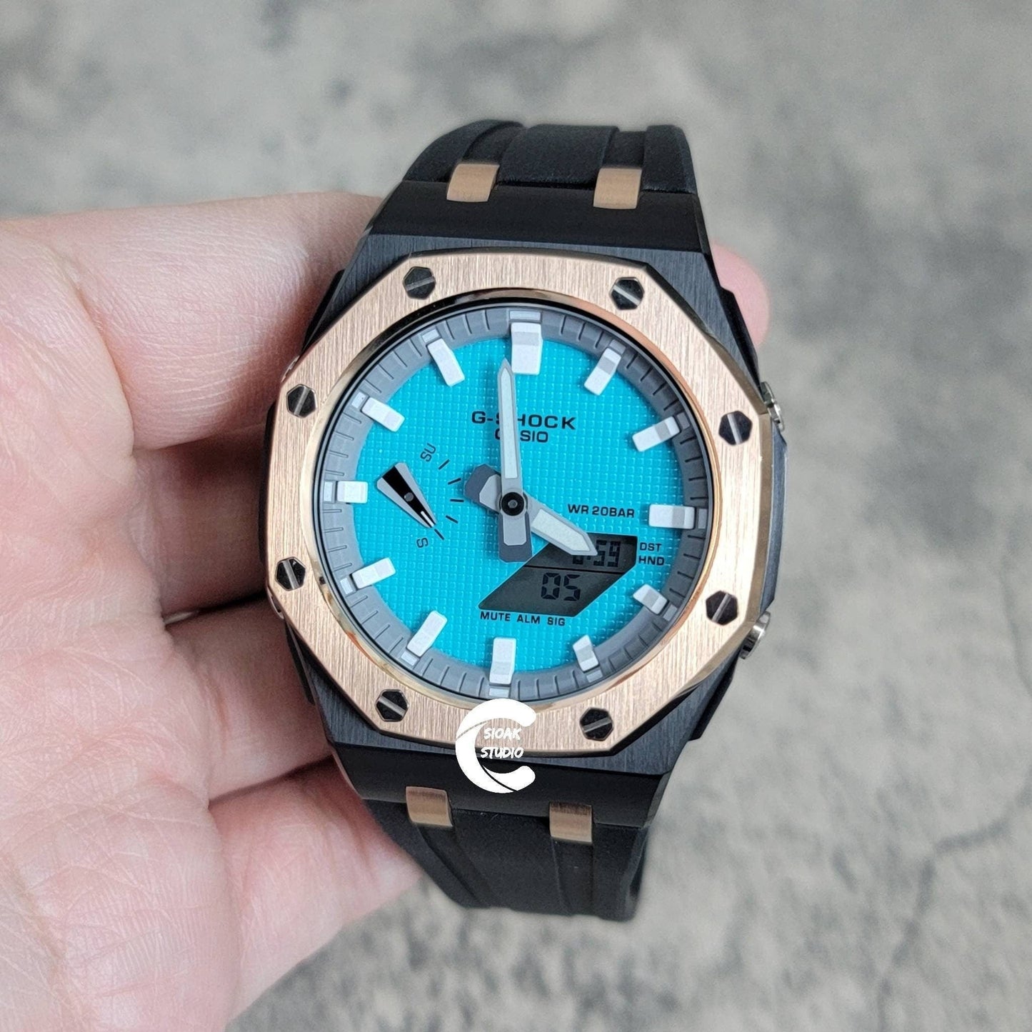 Casioak Mod Watch Offshore Superior Rose Gold Black Case Black Rubber Rubber Strap Light Gray White Time Mark Tiff Blue Dial 44mm- Casioak Mod Casio G-Shock Royal Oak Custom Mens Luxury Watches Ga2100