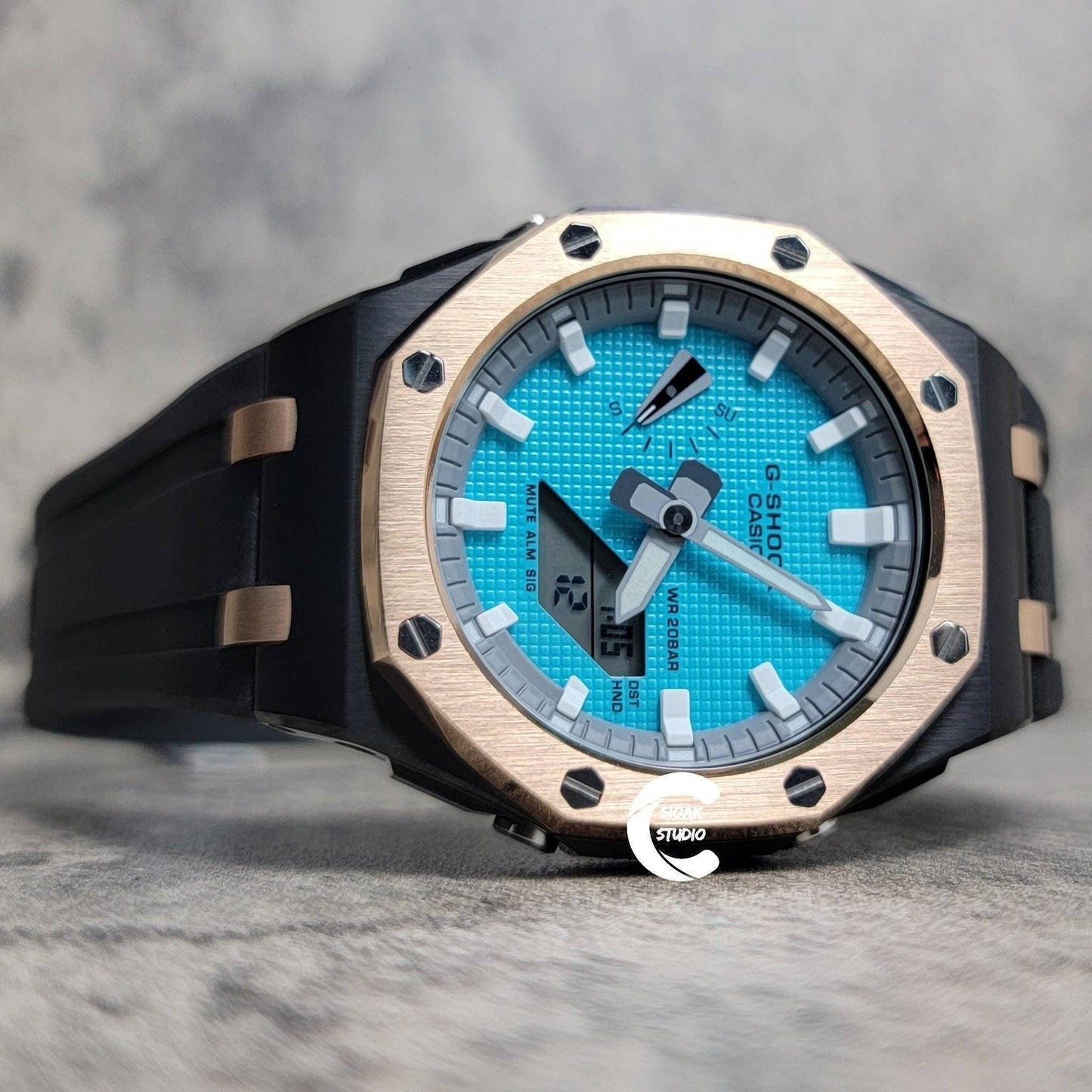 Casioak Mod Watch Offshore Superior Rose Gold Black Case Black Rubber Rubber Strap Light Gray White Time Mark Tiff Blue Dial 44mm- Casioak Mod Casio G-Shock Royal Oak Custom Mens Luxury Watches Ga2100