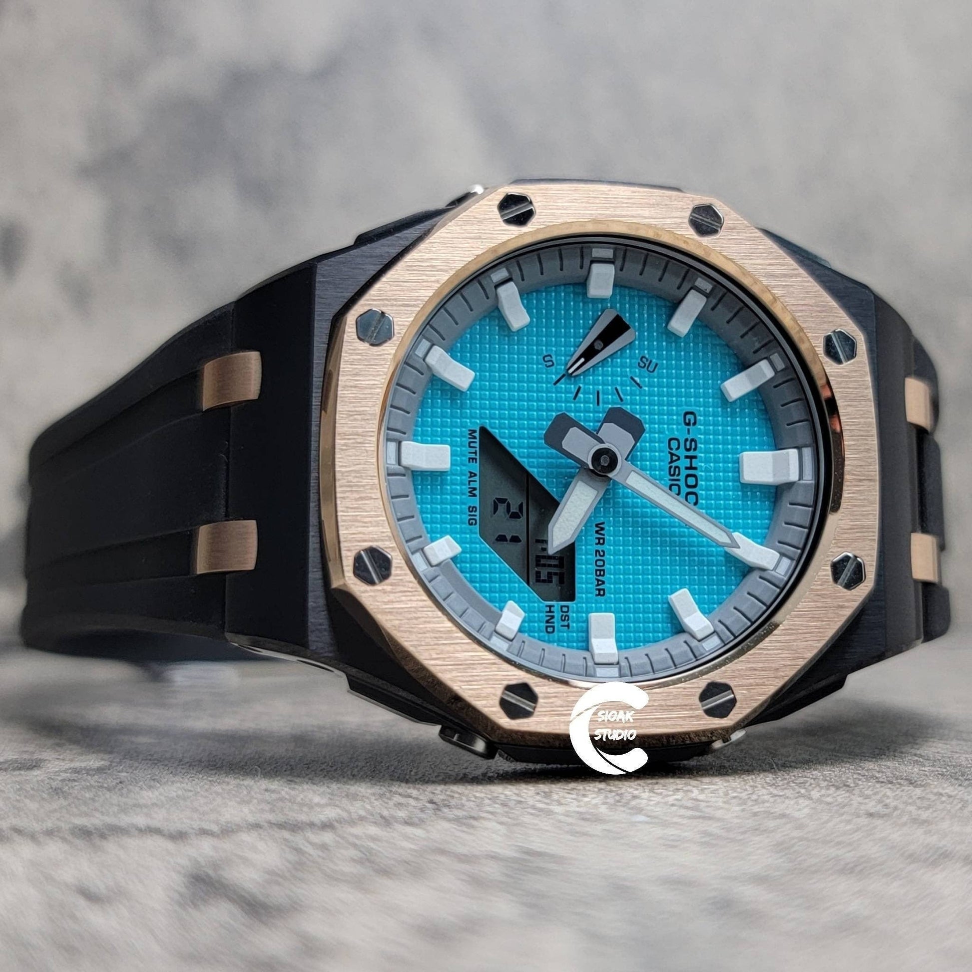 Casioak Mod Watch Offshore Superior Rose Gold Black Case Black Rubber Rubber Strap Light Gray White Time Mark Tiff Blue Dial 44mm- Casioak Mod Casio G-Shock Royal Oak Custom Mens Luxury Watches Ga2100