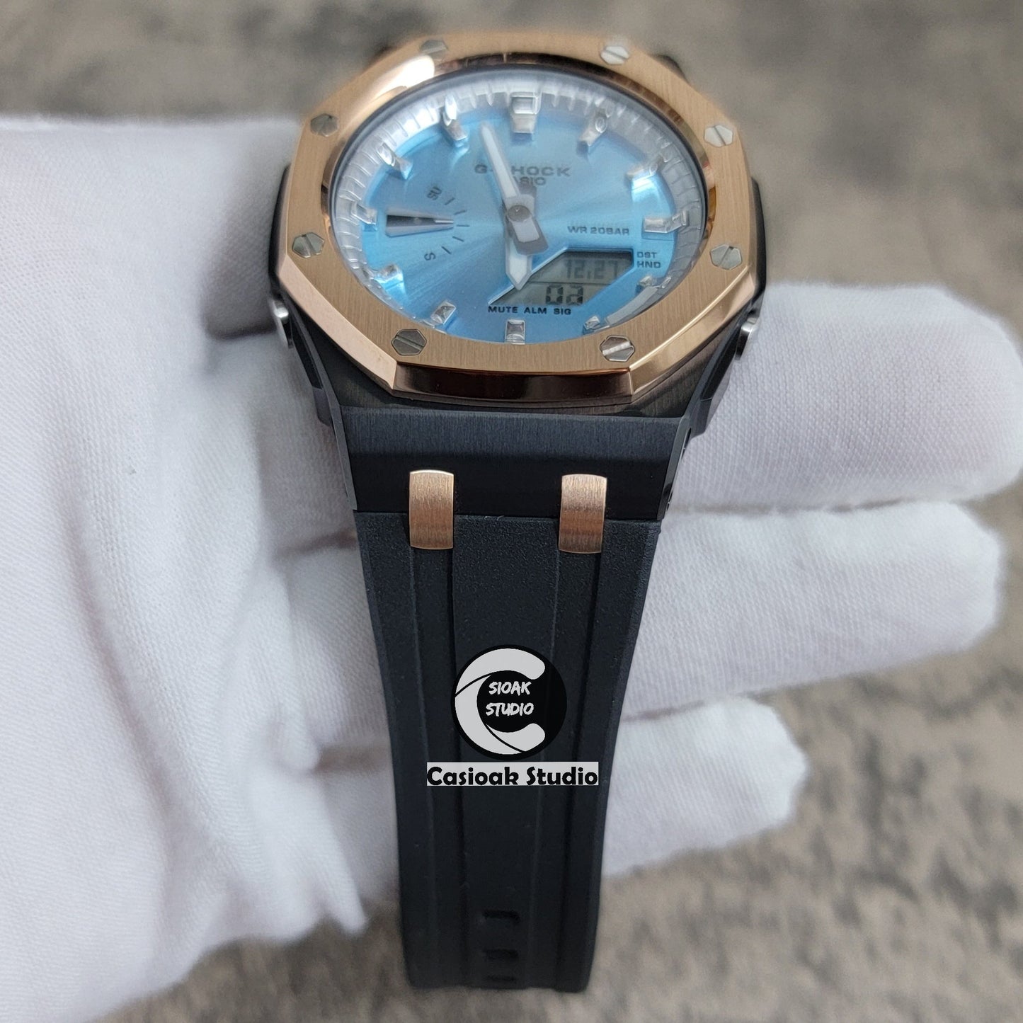 Casioak Mod Watch Offshore Superior Rose Gold Black Case Black Rubber Strap Silver Time Mark Ice Blue Dial 44mm- Casioak Mod Casio G-Shock Royal Oak Custom Mens Luxury Watches Ga2100