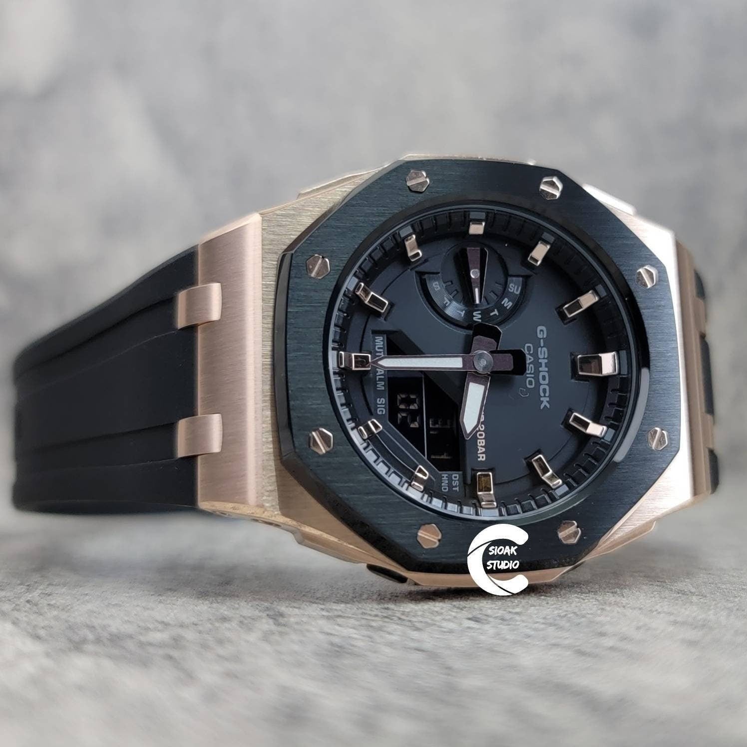 Casioak Mod Watch Offshore Superior Rose Gold Case Black Rubber Strap Black Rose Gold Time Mark Black Dial 42mm- Casioak Mod Casio G-Shock Royal Oak Custom Mens Luxury Watches Ga2100