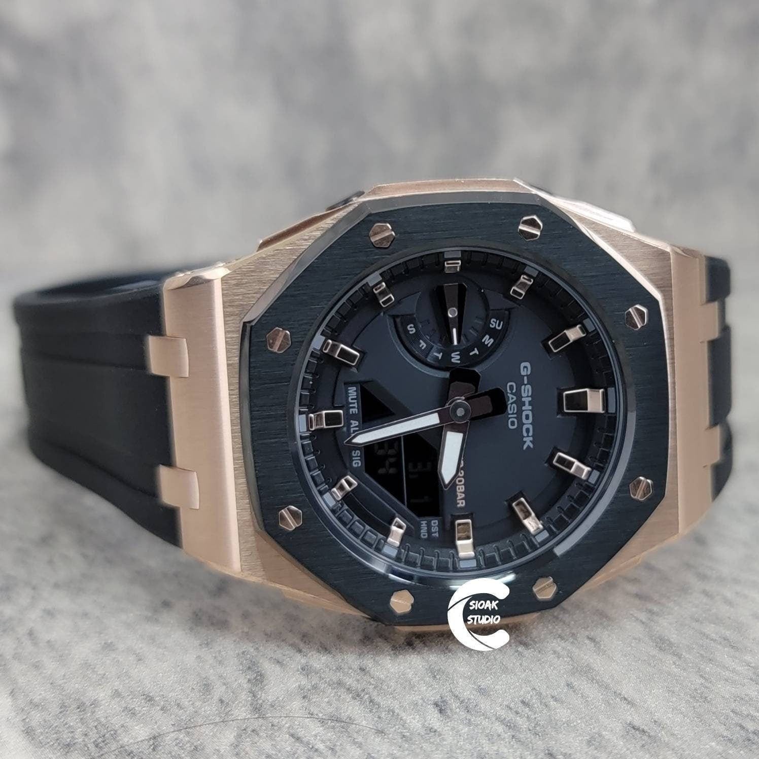 Casioak Mod Watch Offshore Superior Rose Gold Case Black Rubber Strap Black Rose Gold Time Mark Black Dial 42mm- Casioak Mod Casio G-Shock Royal Oak Custom Mens Luxury Watches Ga2100