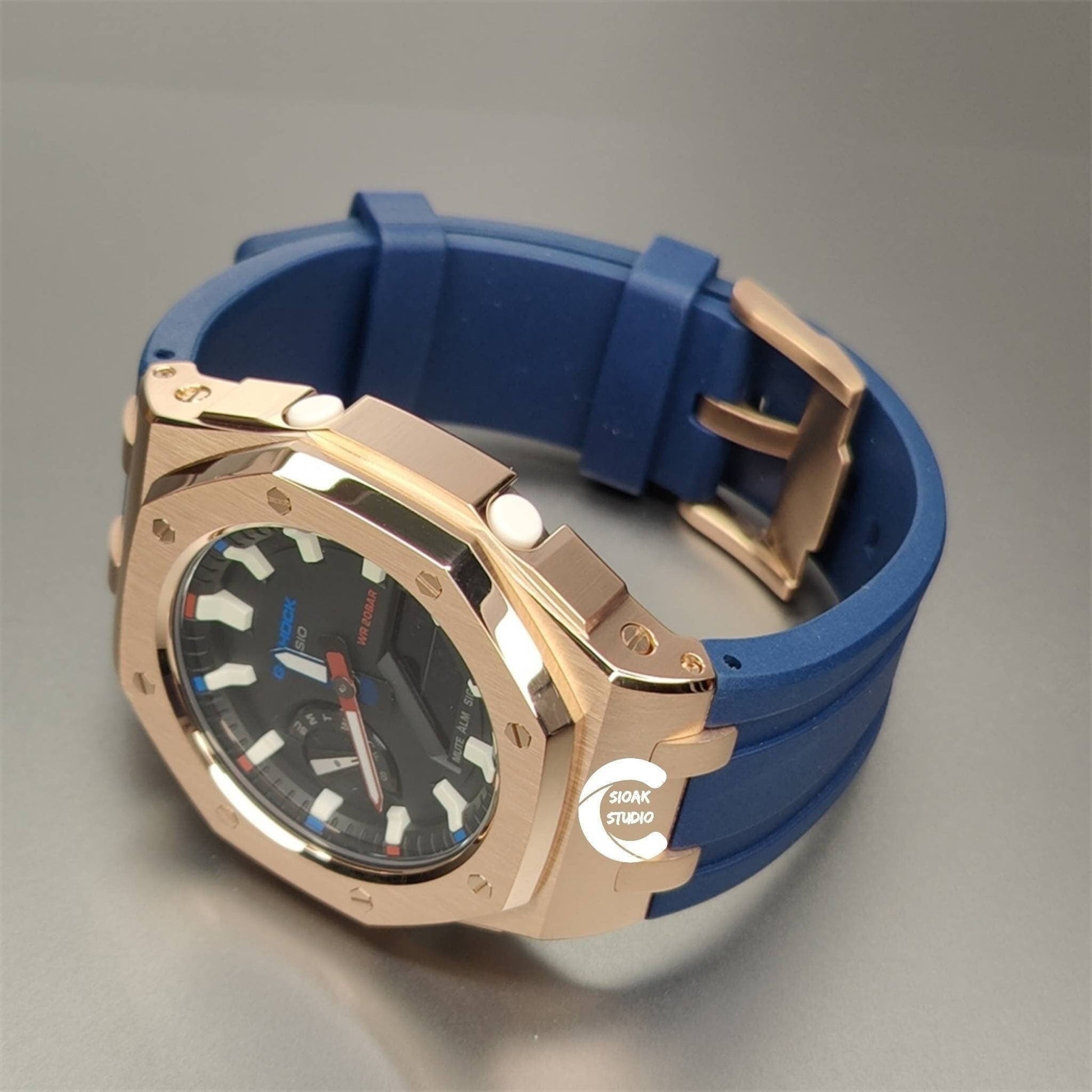 Casioak Mod Watch Offshore Superior Rose Gold Case Blue Rubber Rubber Strap Black Beige Time Mark Black Dial 42mm- Casioak Mod Casio G-Shock Royal Oak Custom Mens Luxury Watches Ga2100