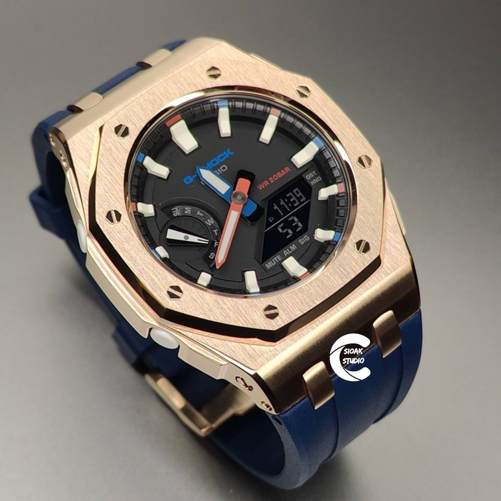 Casioak Mod Watch Offshore Superior Rose Gold Case Blue Rubber Rubber Strap Black Beige Time Mark Black Dial 42mm- Casioak Mod Casio G-Shock Royal Oak Custom Mens Luxury Watches Ga2100