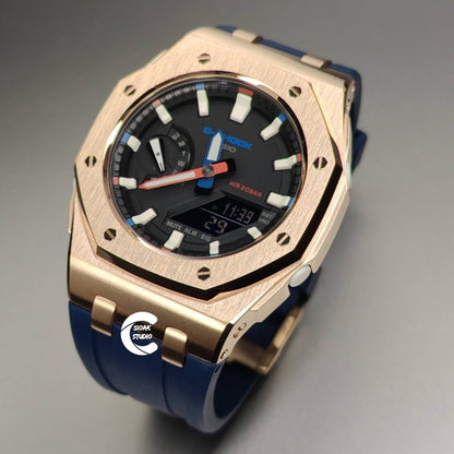 Casioak Mod Watch Offshore Superior Rose Gold Case Blue Rubber Rubber Strap Black Beige Time Mark Black Dial 42mm- Casioak Mod Casio G-Shock Royal Oak Custom Mens Luxury Watches Ga2100