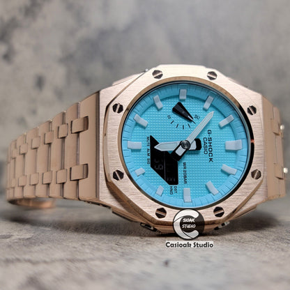 Casioak Mod Watch Offshore Superior Rose Gold Case Metal Strap Tiff White Time Mark Tiff Blue Dial 44mm- Casioak Mod Casio G-Shock Royal Oak Custom Mens Luxury Watches Ga2100