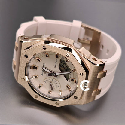 Casioak Mod Watch Offshore Superior Rose Gold Case White Rubber Strap Beige Rose Gold Time Mark Beige Dial 42mm- Casioak Mod Casio G-Shock Royal Oak Custom Mens Luxury Watches Ga2100