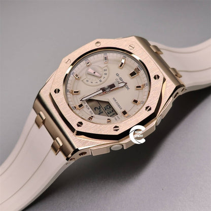 Casioak Mod Watch Offshore Superior Rose Gold Case White Rubber Strap Beige Rose Gold Time Mark Beige Dial 42mm- Casioak Mod Casio G-Shock Royal Oak Custom Mens Luxury Watches Ga2100