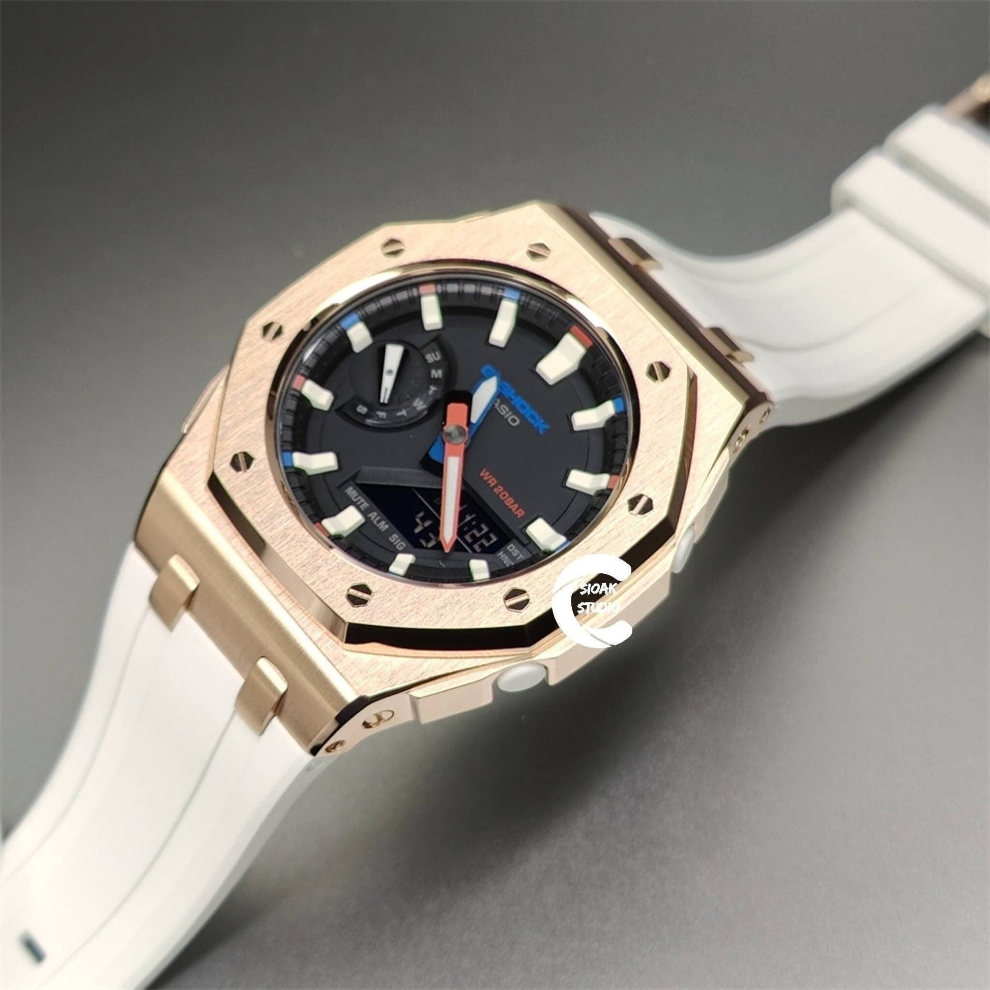 Casioak Mod Watch Offshore Superior Rose Gold Case White Rubber Strap Black Beige Time Mark Black Dial 42mm- Casioak Mod Casio G-Shock Royal Oak Custom Mens Luxury Watches Ga2100