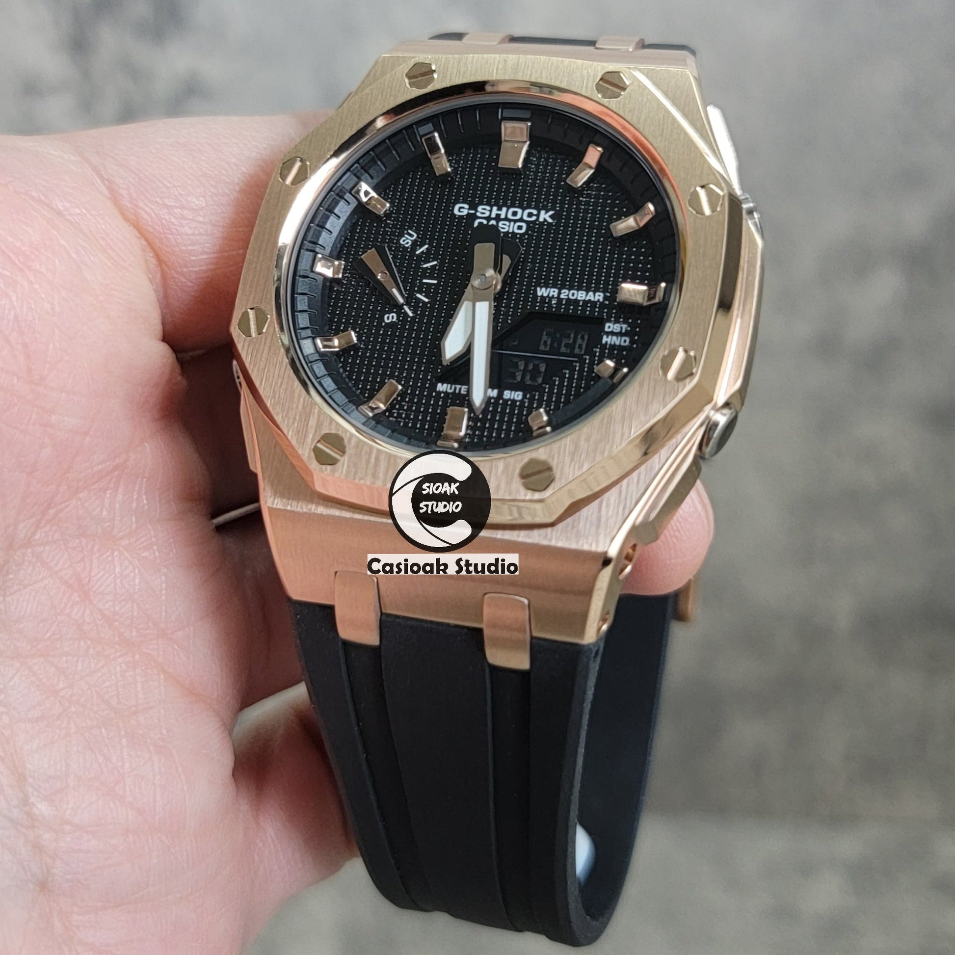 Casioak Mod Watch Offshore Superior Rosegold Case Black Rubber Strap Black Rosegold Time Mark Black Waffle Dial 44mm- Casioak Mod Casio G-Shock Royal Oak Custom Mens Luxury Watches Ga2100