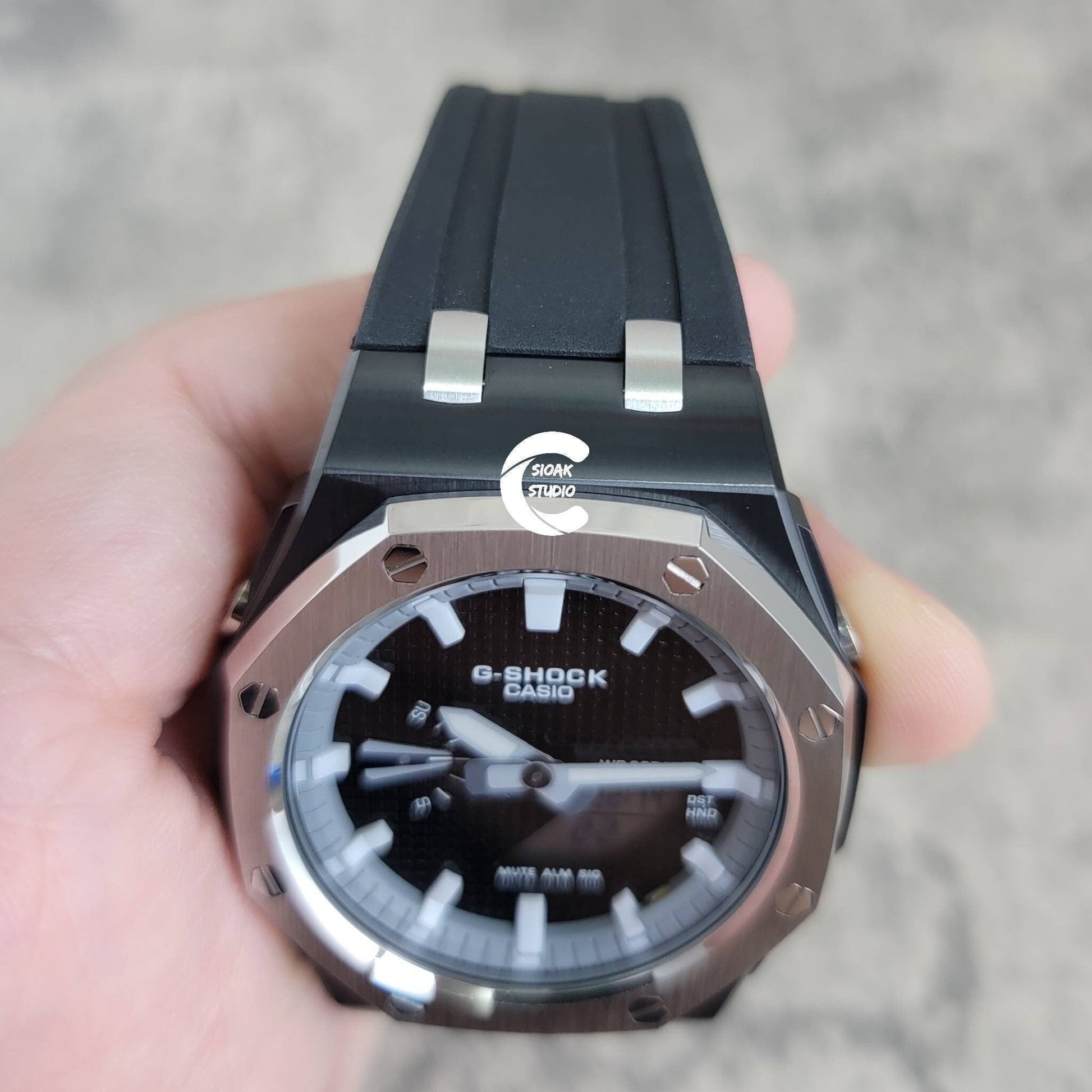 Casioak Mod Watch Offshore Superior Silver Black Case Black Rubber Strap Gray White Time Mark Black Waffle Dial 44mm- Casioak Mod Casio G-Shock Royal Oak Custom Mens Luxury Watches Ga2100