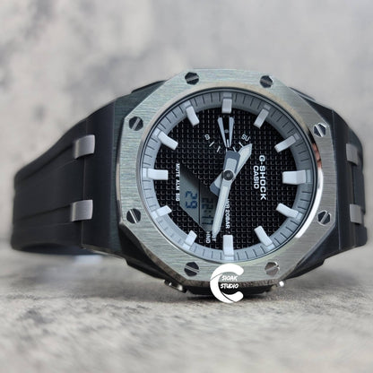 Casioak Mod Watch Offshore Superior Silver Black Case Black Rubber Strap Gray White Time Mark Black Waffle Dial 44mm- Casioak Mod Casio G-Shock Royal Oak Custom Mens Luxury Watches Ga2100