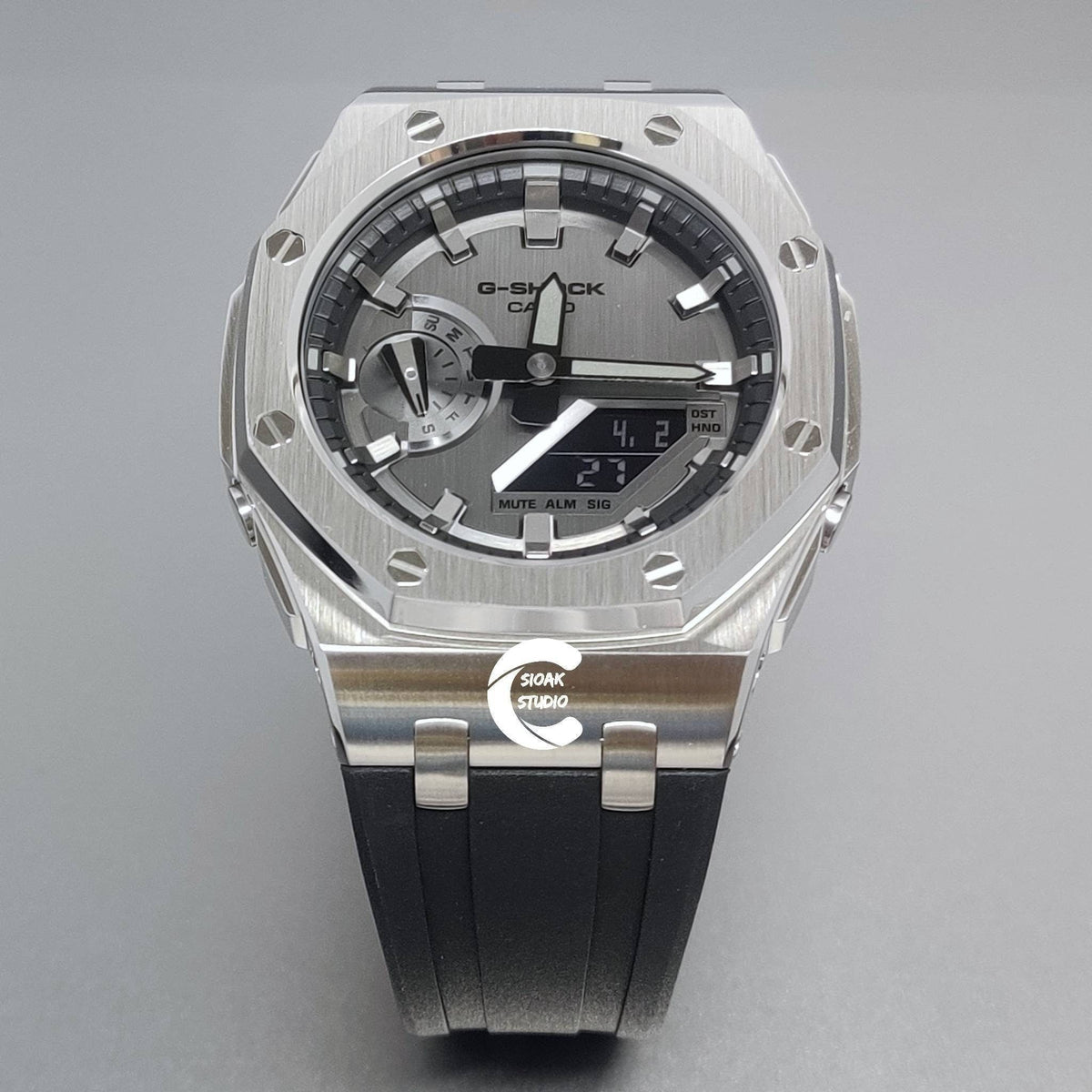 Casioak Modified Casioak Mod Watch Offshore Superior Silver Case Black Rubber Strap ...