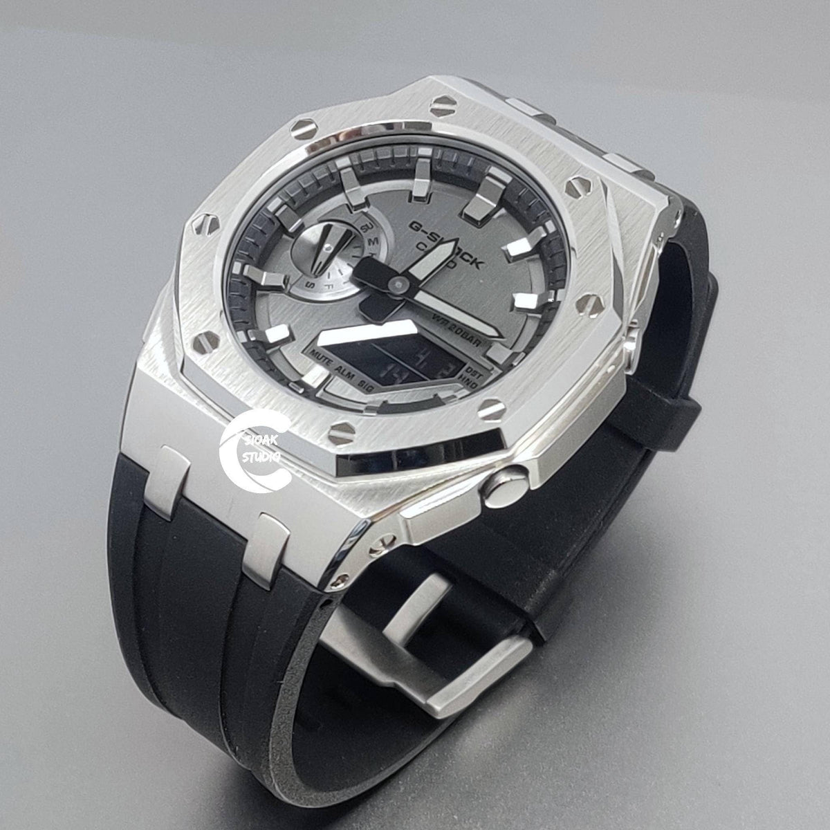 Casioak Modified Casioak Mod Watch Offshore Superior Silver Case Black Rubber Strap ...