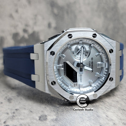 Casioak Mod Watch Offshore Superior Silver Case Blue Rubber Rubber Strap Silver Time Mark Silver Dial 44mm- Casioak Mod Casio G-Shock Royal Oak Custom Mens Luxury Watches Ga2100