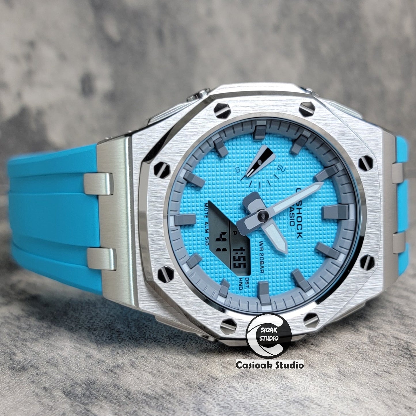 Casioak Mod Watch Offshore Superior Silver Case Blue Rubber Strap Gray Time Mark Tiff Blue Dial 44mm- Casioak Mod Casio G-Shock Royal Oak Custom Mens Luxury Watches Ga2100