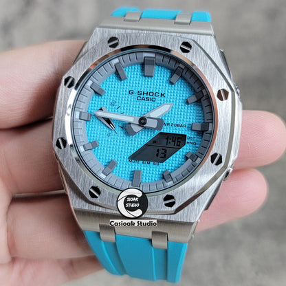 Casioak Mod Watch Offshore Superior Silver Case Blue Rubber Strap Gray Time Mark Tiff Blue Dial 44mm- Casioak Mod Casio G-Shock Royal Oak Custom Mens Luxury Watches Ga2100