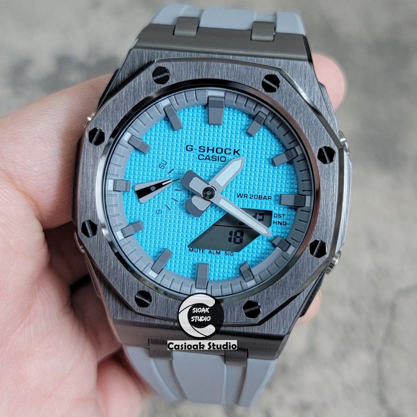 Casioak Mod Watch Offshore Superior Silver Case Blue Rubber Strap Tiff White Time Mark Tiff Blue Dial 44mm- Casioak Mod Casio G-Shock Royal Oak Custom Mens Luxury Watches Ga2100