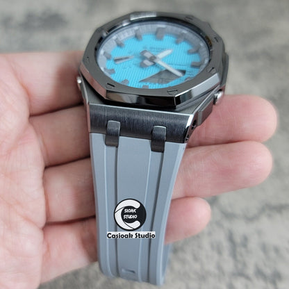 Casioak Mod Watch Offshore Superior Silver Case Blue Rubber Strap Tiff White Time Mark Tiff Blue Dial 44mm- Casioak Mod Casio G-Shock Royal Oak Custom Mens Luxury Watches Ga2100