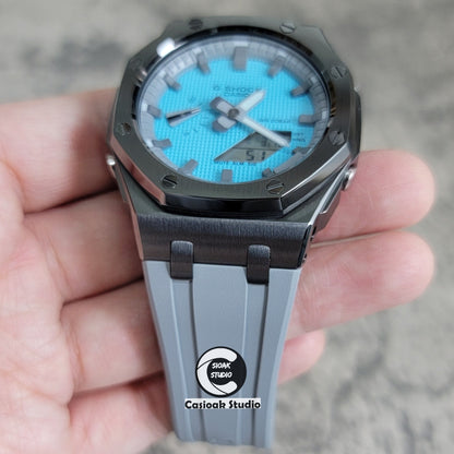 Casioak Mod Watch Offshore Superior Silver Case Blue Rubber Strap Tiff White Time Mark Tiff Blue Dial 44mm- Casioak Mod Casio G-Shock Royal Oak Custom Mens Luxury Watches Ga2100