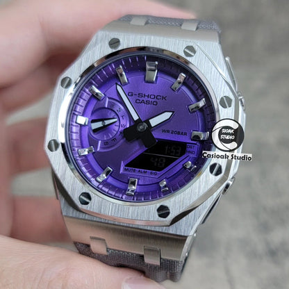Casioak Mod Watch Offshore Superior Silver Case Gray Canvas Strap Purple Silver Time Mark Purple Dial 44mm- Casioak Mod Casio G-Shock Royal Oak Custom Mens Luxury Watches Ga2100