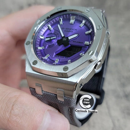 Casioak Mod Watch Offshore Superior Silver Case Gray Canvas Strap Purple Silver Time Mark Purple Dial 44mm- Casioak Mod Casio G-Shock Royal Oak Custom Mens Luxury Watches Ga2100