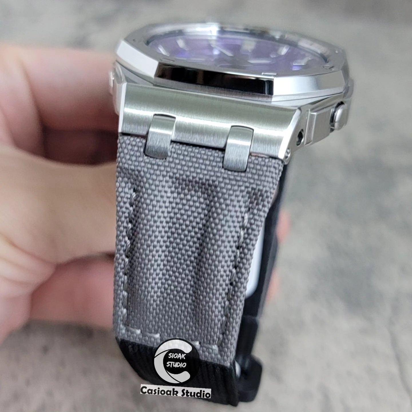 Casioak Mod Watch Offshore Superior Silver Case Gray Canvas Strap Purple Silver Time Mark Purple Dial 44mm- Casioak Mod Casio G-Shock Royal Oak Custom Mens Luxury Watches Ga2100