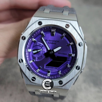 Casioak Mod Watch Offshore Superior Silver Case Gray Canvas Strap Purple Silver Time Mark Purple Dial 44mm- Casioak Mod Casio G-Shock Royal Oak Custom Mens Luxury Watches Ga2100