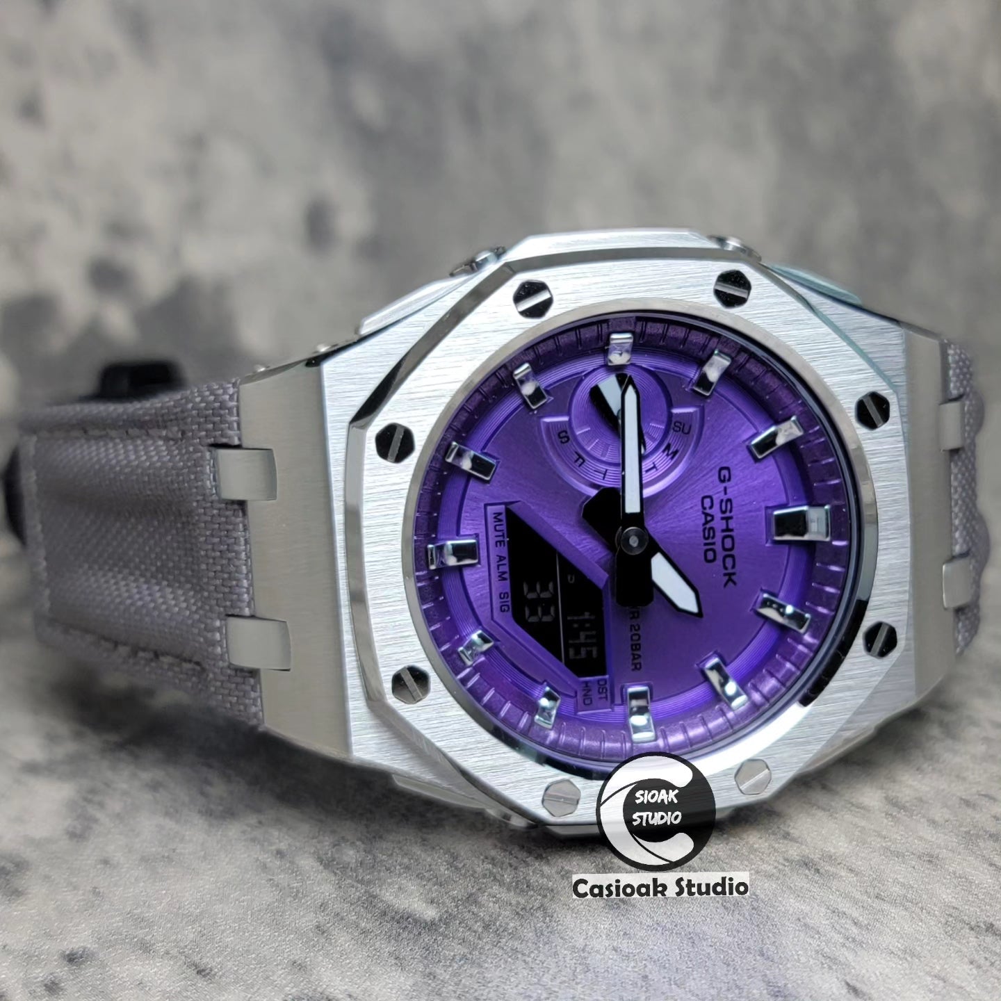 Casioak Mod Watch Offshore Superior Silver Case Gray Canvas Strap Purple Silver Time Mark Purple Dial 44mm- Casioak Mod Casio G-Shock Royal Oak Custom Mens Luxury Watches Ga2100