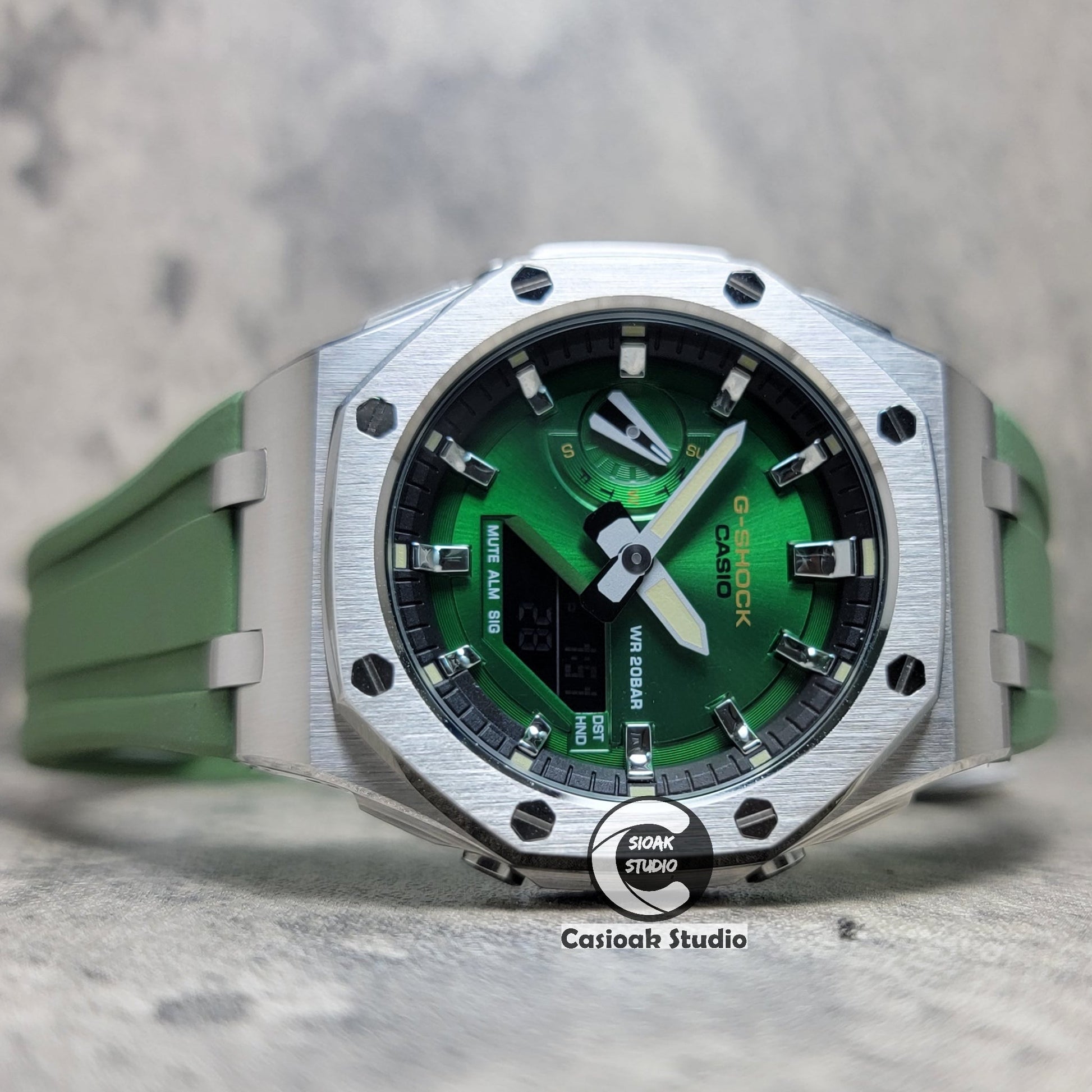 Casioak Mod Watch Offshore Superior Silver Case Green Rubber Strap Black Silver Time Mark Green Dial 44mm- Casioak Mod Casio G-Shock Royal Oak Custom Mens Luxury Watches Ga2100