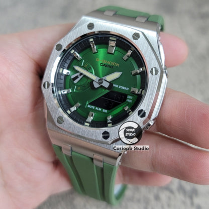 Casioak Mod Watch Offshore Superior Silver Case Green Rubber Strap Black Silver Time Mark Green Dial 44mm- Casioak Mod Casio G-Shock Royal Oak Custom Mens Luxury Watches Ga2100