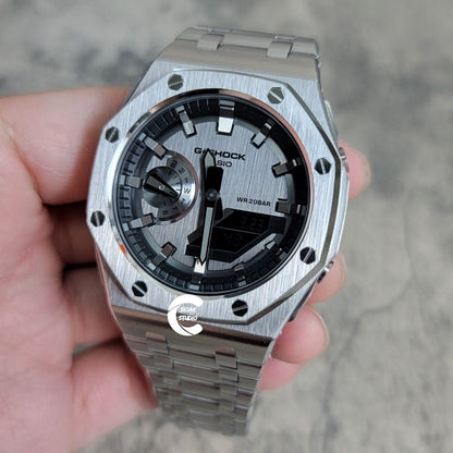 Casioak Mod Watch Offshore Superior Silver Case Metal Strap Black Gray Time Mark Gray Dial 44mm- Casioak Mod Casio G-Shock Royal Oak Custom Mens Luxury Watches Ga2100