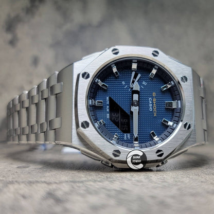 Casioak Mod Watch Offshore Superior Silver Case Metal Strap Blue Silver Time Mark Blue Waffle Dial 44mm- Casioak Mod Casio G-Shock Royal Oak Custom Mens Luxury Watches Ga2100