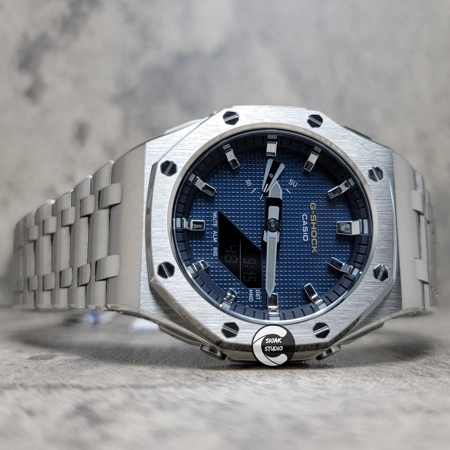 Casioak Mod Watch Offshore Superior Silver Case Metal Strap Blue Silver Time Mark Blue Waffle Dial 44mm- Casioak Mod Casio G-Shock Royal Oak Custom Mens Luxury Watches Ga2100