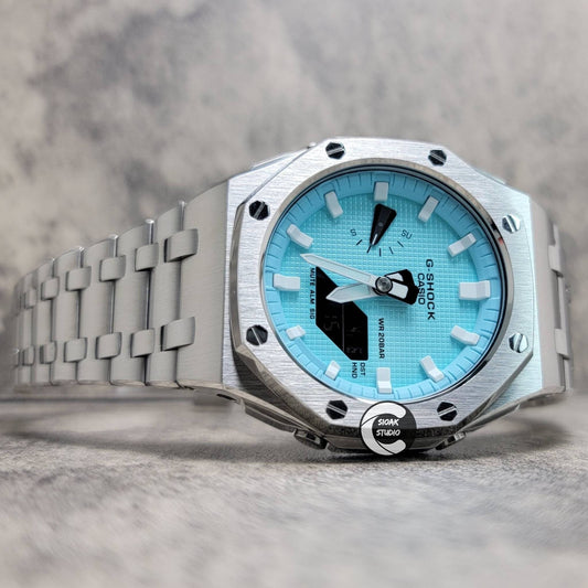 Casioak Mod Watch Offshore Superior Silver Case Metal Strap Tiff White Time Mark Tiff Blue Dial 44mm- Casioak Mod Casio G-Shock Royal Oak Custom Mens Luxury Watches Ga2100