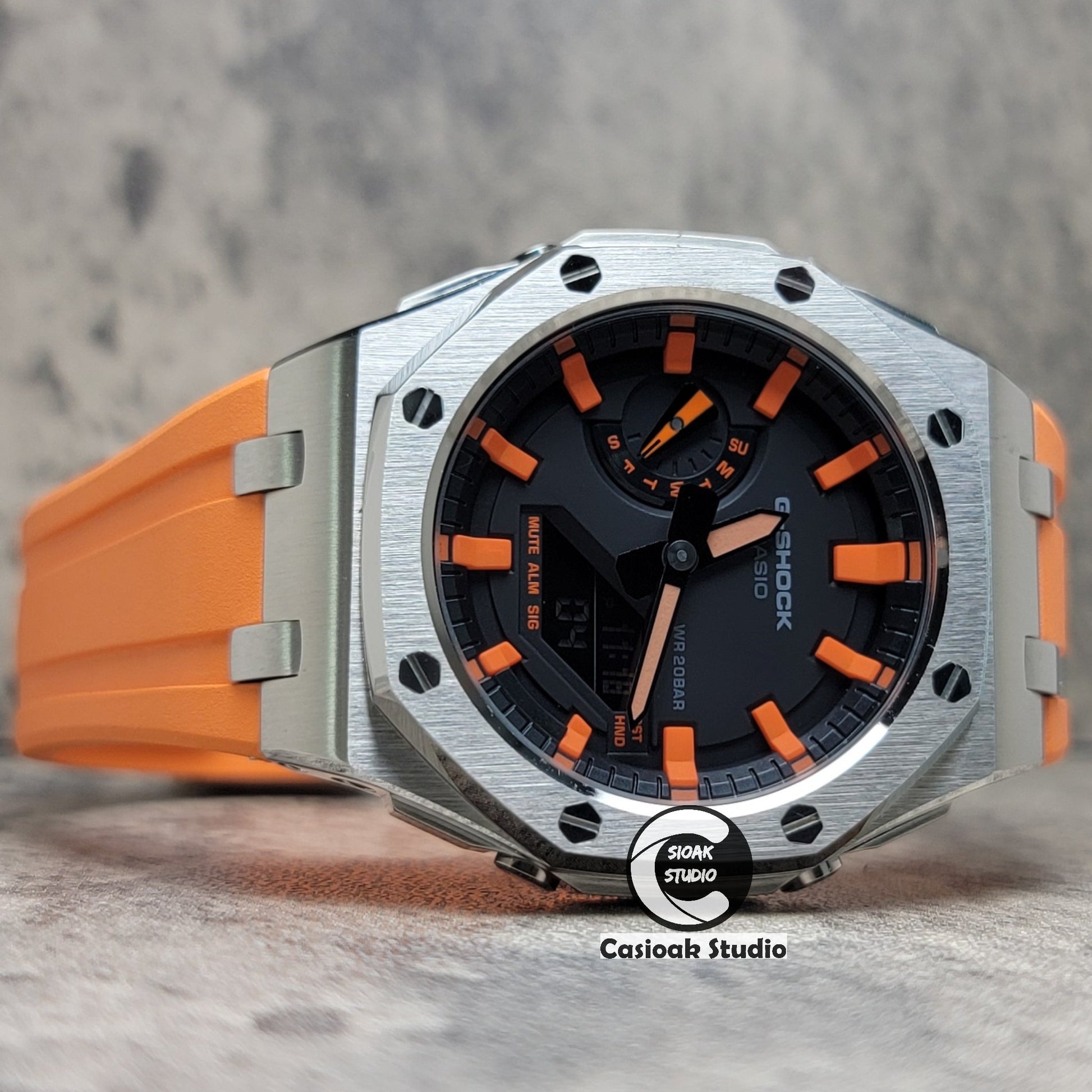 Casioak Mod Watch Offshore Superior Silver Case Orange Rubber Strap Black Orange Time Mark Black Dial 44mm- Casioak Mod Casio G-Shock Royal Oak Custom Mens Luxury Watches Ga2100