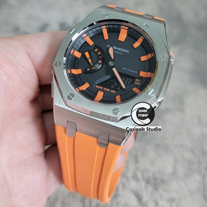 Casioak Mod Watch Offshore Superior Silver Case Orange Rubber Strap Black Orange Time Mark Black Dial 44mm- Casioak Mod Casio G-Shock Royal Oak Custom Mens Luxury Watches Ga2100